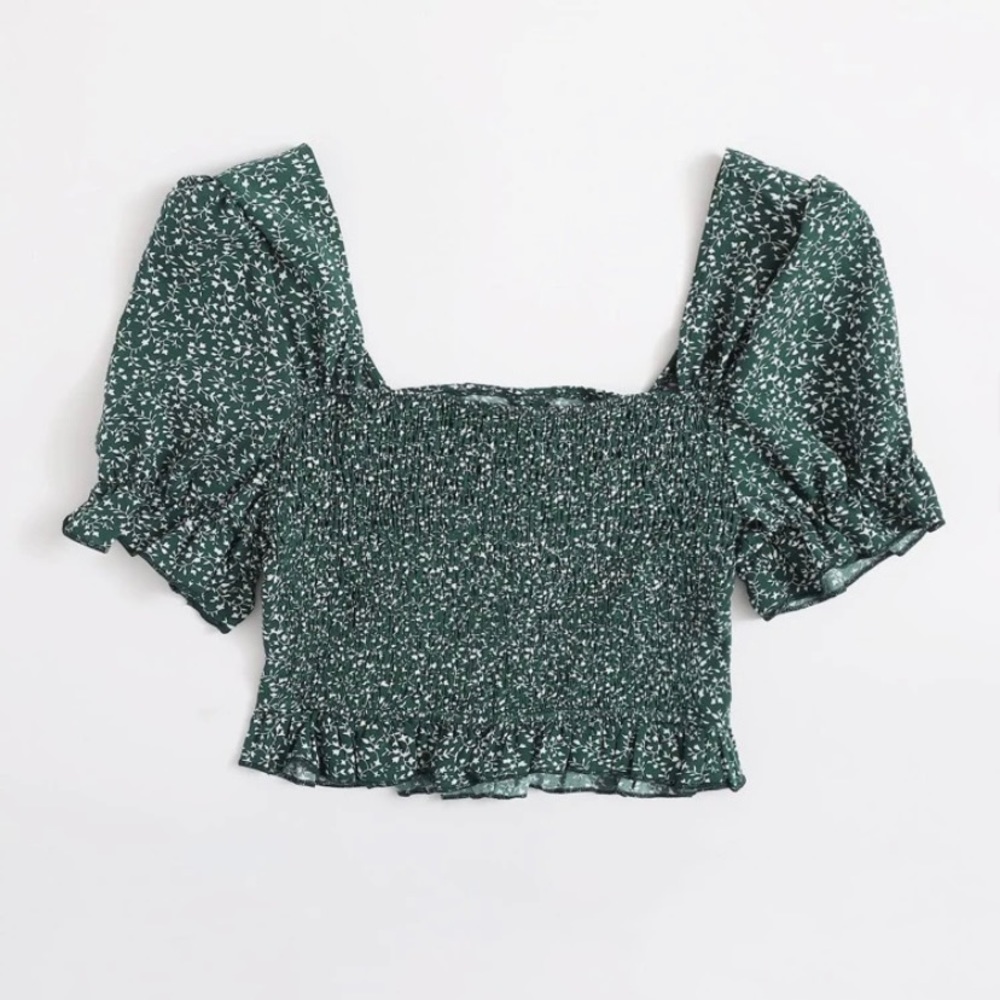 Drawstring Front Shirred Puff Sleeve Top - Picture 2 of 5